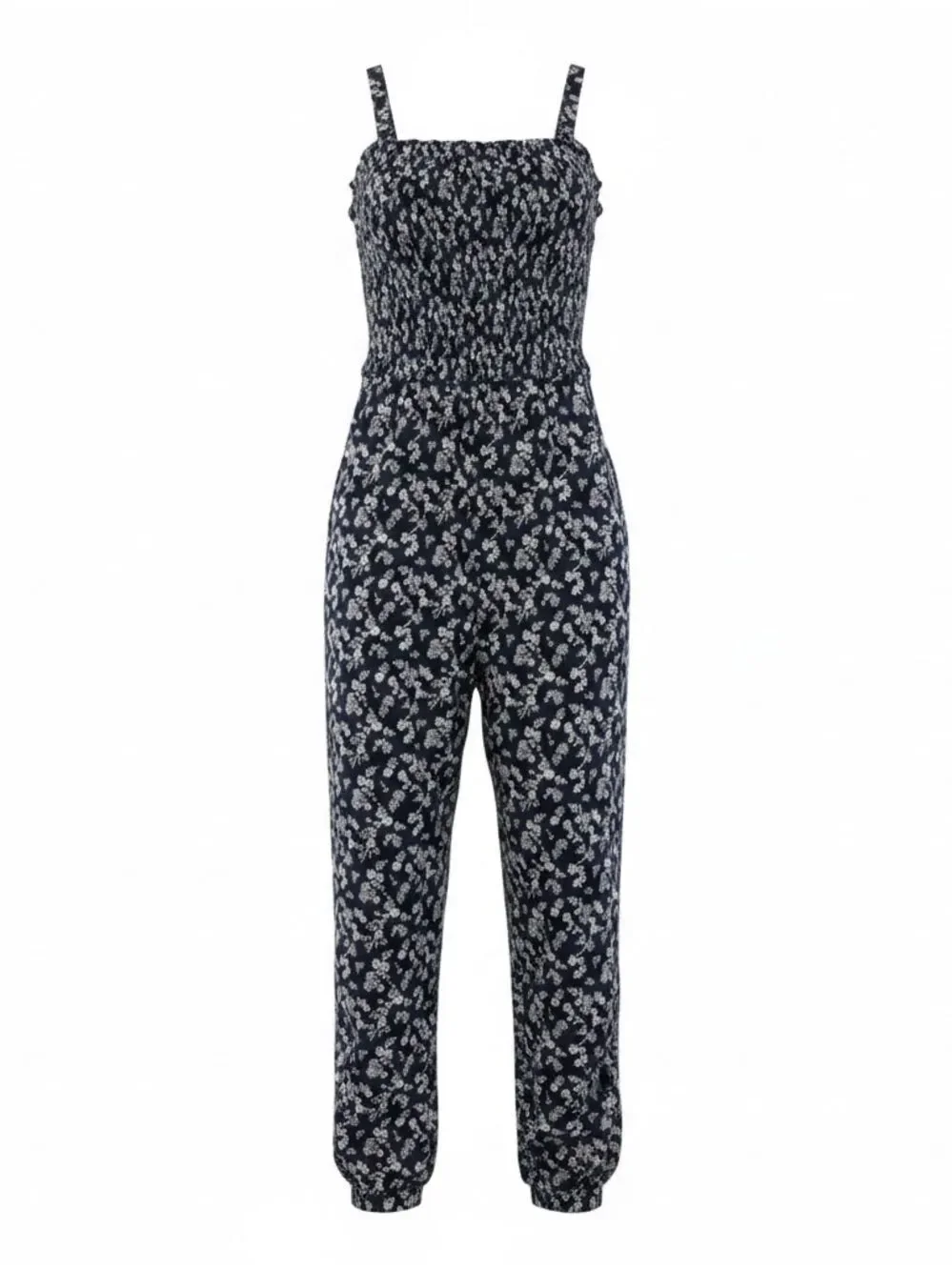 Aqua Girls Blue White Floral Print Smocked Sleeveless Jumpsuit Size L